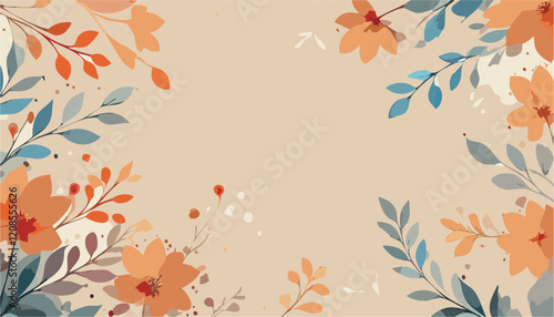 Autumn flowers composition. Abstract vector art floral background vector, wallpaper with watercolor, leaf framed, flower, vivid foliage, aquarelle frame, in green and blue, summer colors.