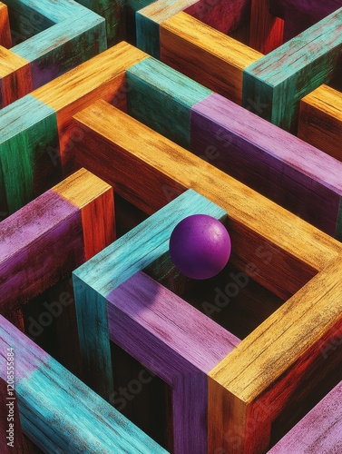 Generative AI abstract illustration of high angle of wooden colorful labyrinth with geometrical narrow paths with purple ball on it photo