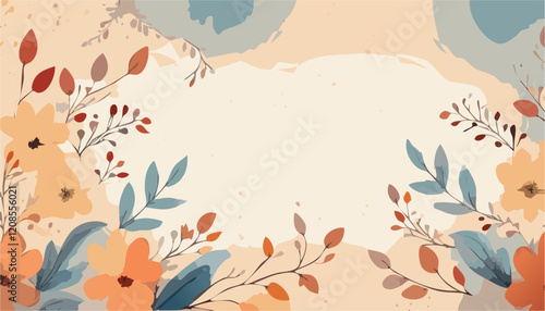 Autumn flowers composition. Abstract vector art floral background vector, wallpaper with watercolor, leaf framed, flower, vivid foliage, aquarelle frame, in green and blue, summer colors.