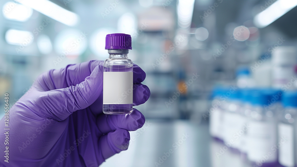 Gloved hand holding a small vial in a laboratory setting, with a blurred background of lab equipment and bottles. Gloved hand holding a small vial in a laboratory setting, with a blurred background of lab equipment and bottles.