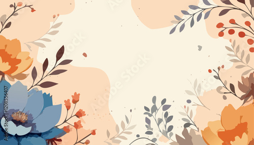 Autumn flowers composition. Abstract vector art floral background vector, wallpaper with watercolor, leaf framed, flower, vivid foliage, aquarelle frame, in green and blue, summer colors.