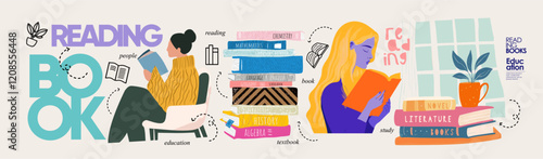 Reading books. Vector illustration. Colorful vector illustration on the theme of reading and education. People reading books and stack of textbooks are depicted.