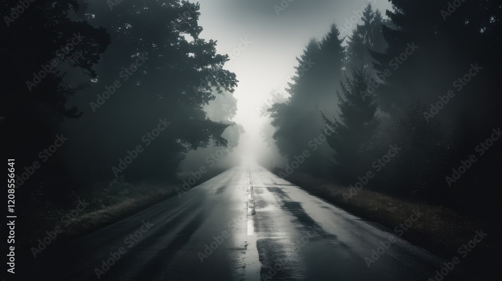 A haunting mist envelops the deserted road, flanked by dark silhouettes of trees, creating a mysterious and eerie atmosphere. A haunting mist envelops the deserted road, flanked by dark silhouettes of trees, creating a mysterious and eerie atmosphere.
