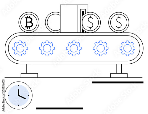Gear-equipped conveyor converting Bitcoin and dollar coins. Clock adds time concept. Ideal for fintech, automation, crypto, efficiency, innovation, time management, abstract line flat metaphor