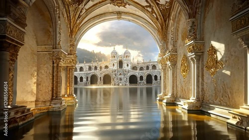 Wallpaper Mural Majestic architecture reflected in water with golden accents and cloudy skies during early afternoon Torontodigital.ca