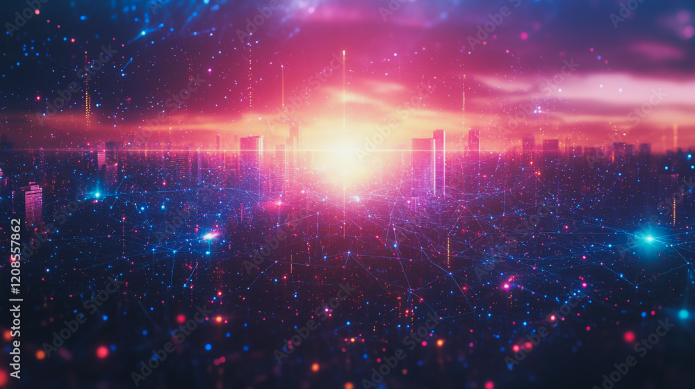 Obraz premium Smart digital Innovation city with connection network reciprocity over the cityscape. of future smart wireless digital city and social media networking systems that connects people with in city