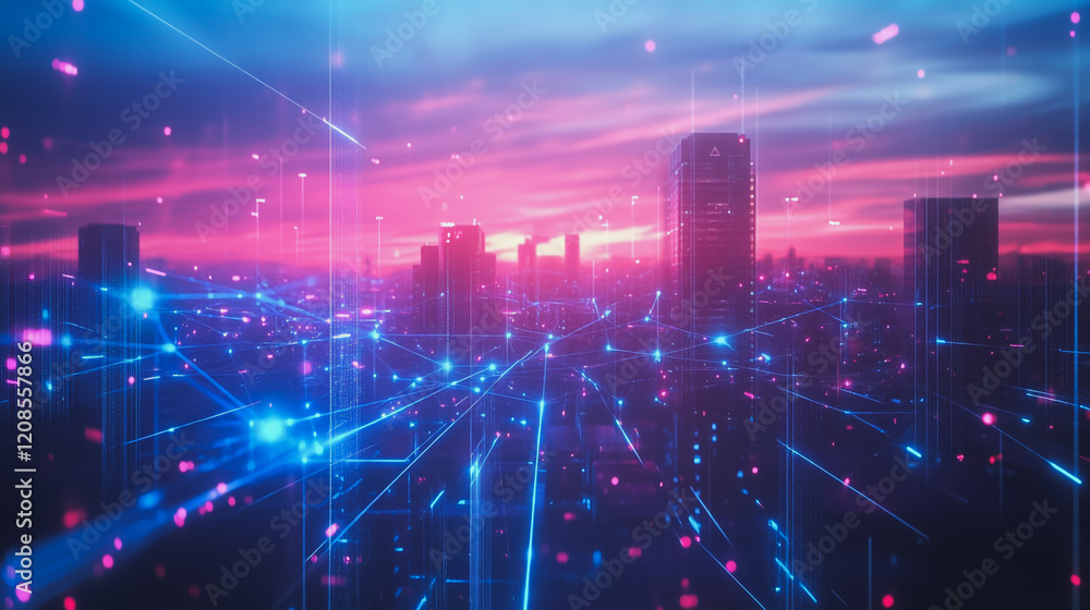 Obraz premium Smart digital Innovation city with connection network reciprocity over the cityscape. of future smart wireless digital city and social media networking systems that connects people with in city