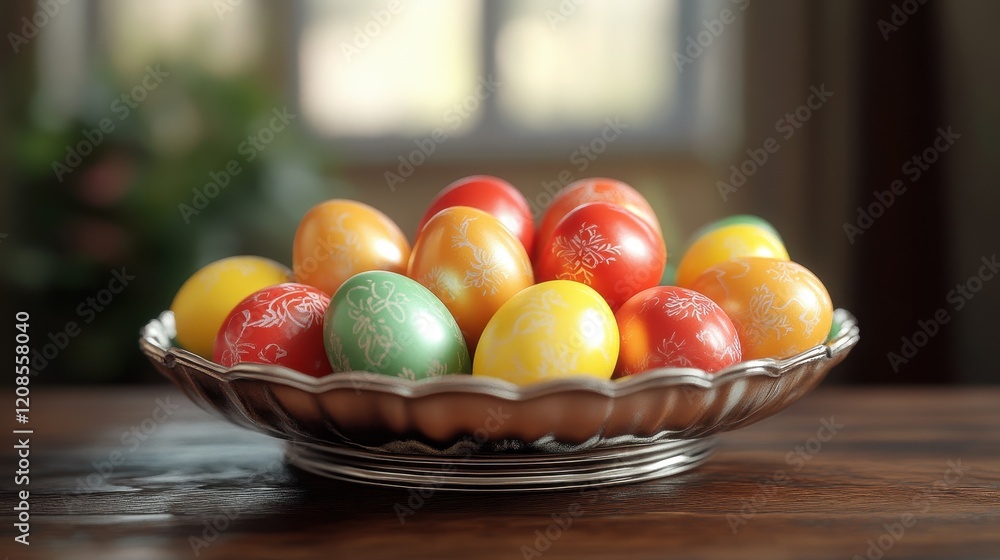 Vibrant easter eggs in a metal dish on wooden surface for spring festivities Vibrant easter eggs in a metal dish on wooden surface for spring festivities