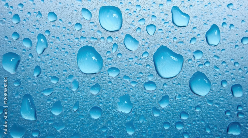 Close-up of water droplets on blue surface with varied shapes and sizes Close-up of water droplets on blue surface with varied shapes and sizes