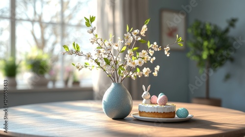 Cozy spring dining room interior with easter decor and floral accents