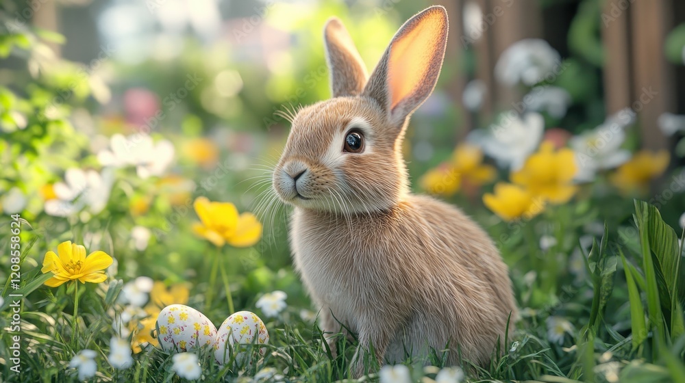 Fototapeta premium Energetic easter bunny exploring a spring garden delight