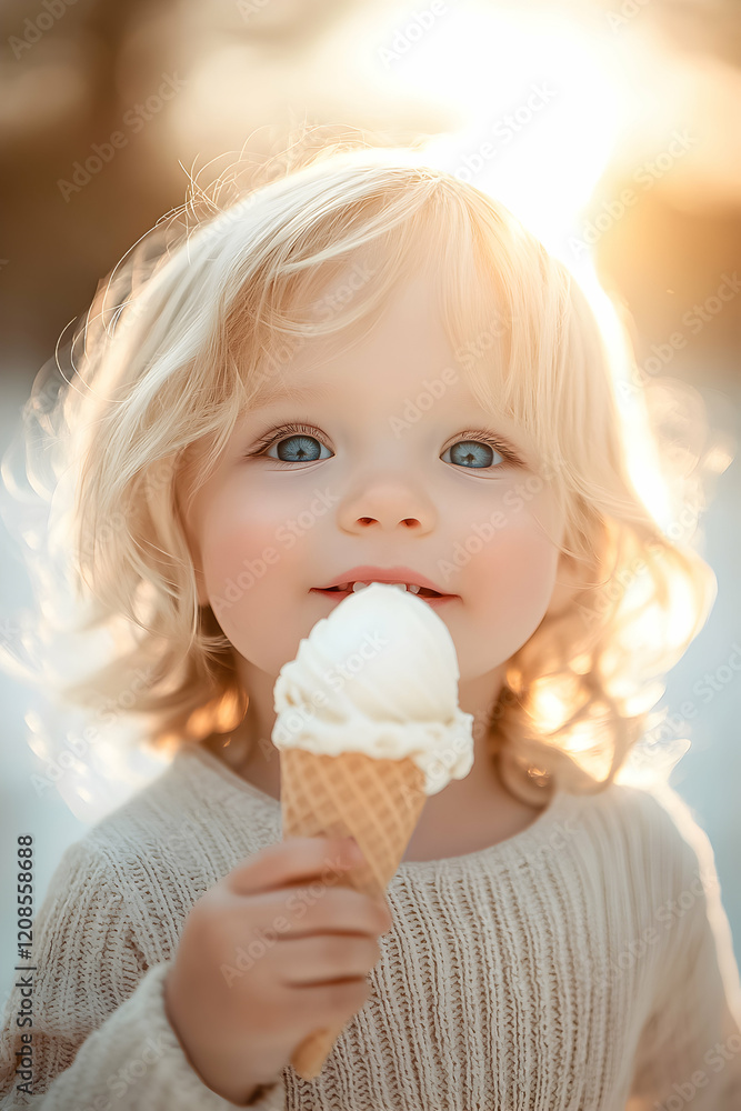 Sweet moment of a joyful child enjoying an ice cream cone during a sunny afternoon in a park Sweet moment of a joyful child enjoying an ice cream cone during a sunny afternoon in a park