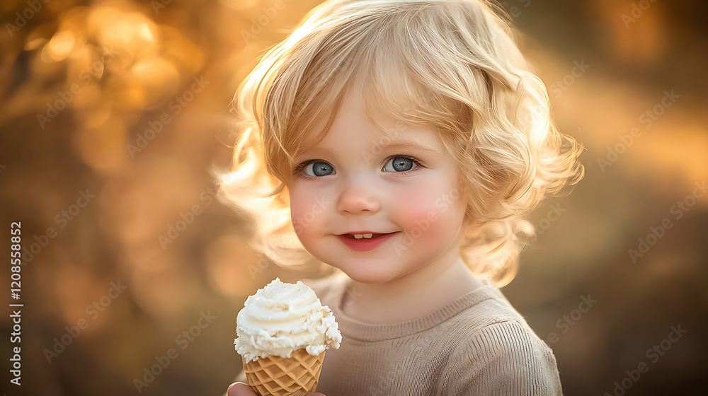 Sweet moment of a happy child enjoying ice cream outdoors during golden hour Sweet moment of a happy child enjoying ice cream outdoors during golden hour