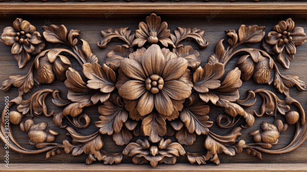 Intricate wooden floral carving with detailed leaves and blossoms Intricate wooden floral carving with detailed leaves and blossoms