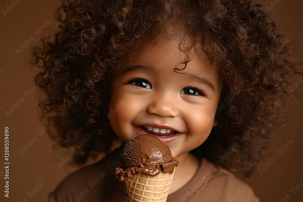 Naklejka premium Child with curly hair joyfully enjoying chocolate ice cream on a warm day in a cozy setting