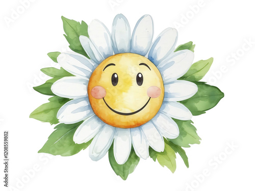 Daisy with cheerful expression face watercolor art. Ideal for creative designs. Isolated on transparent background, PNG