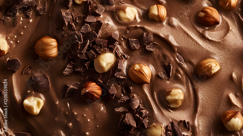 Creamy chocolate hazelnut spread with nuts and chocolate pieces on smooth texture