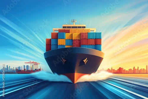 Freight vessel navigating busy trade routes port city digital artwork maritime front view global commerce photo