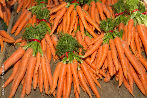 Fresh harvest of carrots bundled and displayed for sale at a local food market.