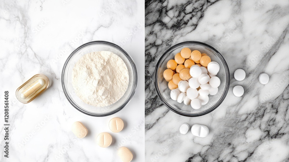 A product comparison image with collagen powder and capsules side by side A product comparison image with collagen powder and capsules side by side