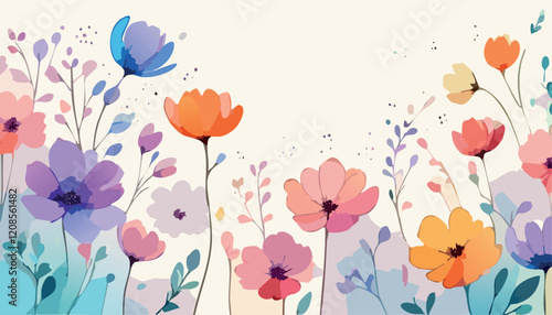 Abstract vector art floral background vector, wallpaper with watercolor, leaf framed, flower, vivid foliage, aquarelle frame, in green and blue, summer colors.