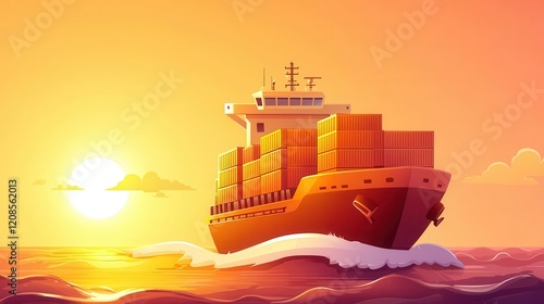 Shipping carrier at sunrise vibrant cartoon illustration on the ocean captivating maritime scene lively seascape artistic perspective photo