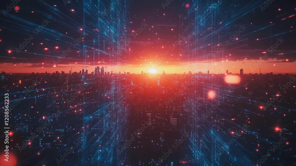 Obraz premium Smart digital Innovation city with connection network reciprocity over the cityscape. of future smart wireless digital city and social media networking systems that connects people with in city