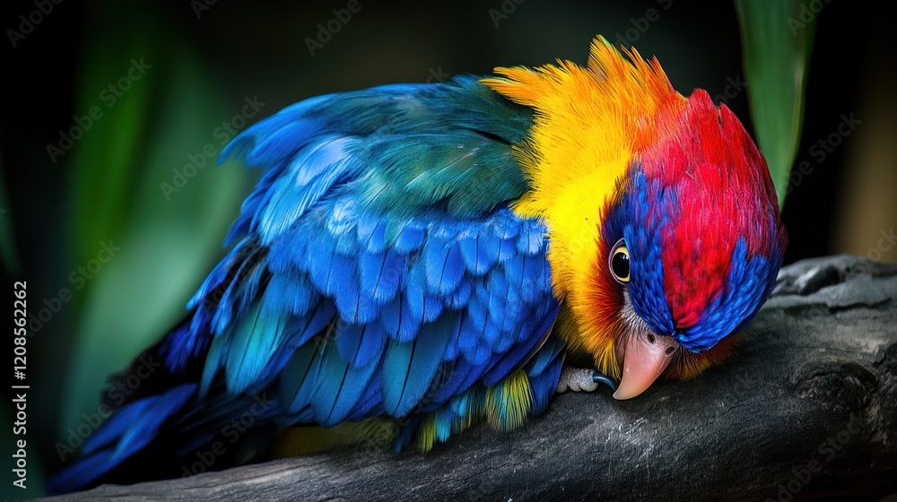 Obraz premium Colorful parrot perched on a branch, preening its feathers.