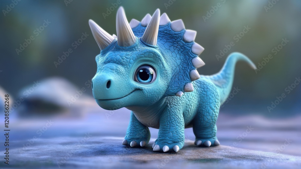 Cute blue baby dinosaur with horns in a mystical forest Cute blue baby dinosaur with horns in a mystical forest