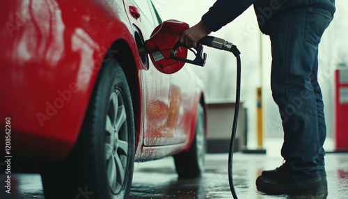 Man Refilling Car With Fuel At Petrol Station: Close-Up Of Gasoline And Diesel Prices Rising. Impact Of Increasing Fuel Costs. photo