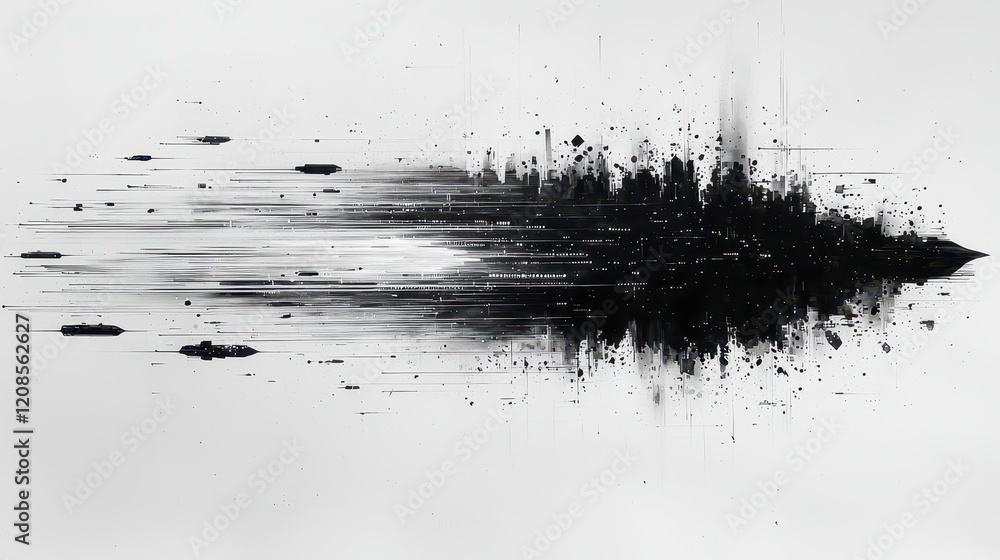 Abstract black ink splatter on white background, dynamic motion blur effect.