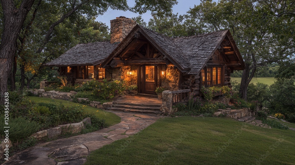 Rustic log cabin at dusk, hilltop view, tranquil garden Rustic log cabin at dusk, hilltop view, tranquil garden