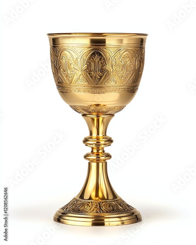 A golden chalice with biblical engravings catching divine light, ceremonial vessel isolated on white background photo