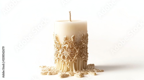 A sacred white candle with ornate paschal decorations, delicate wax drippings surrounding its base, religious motifs isolated on white background photo