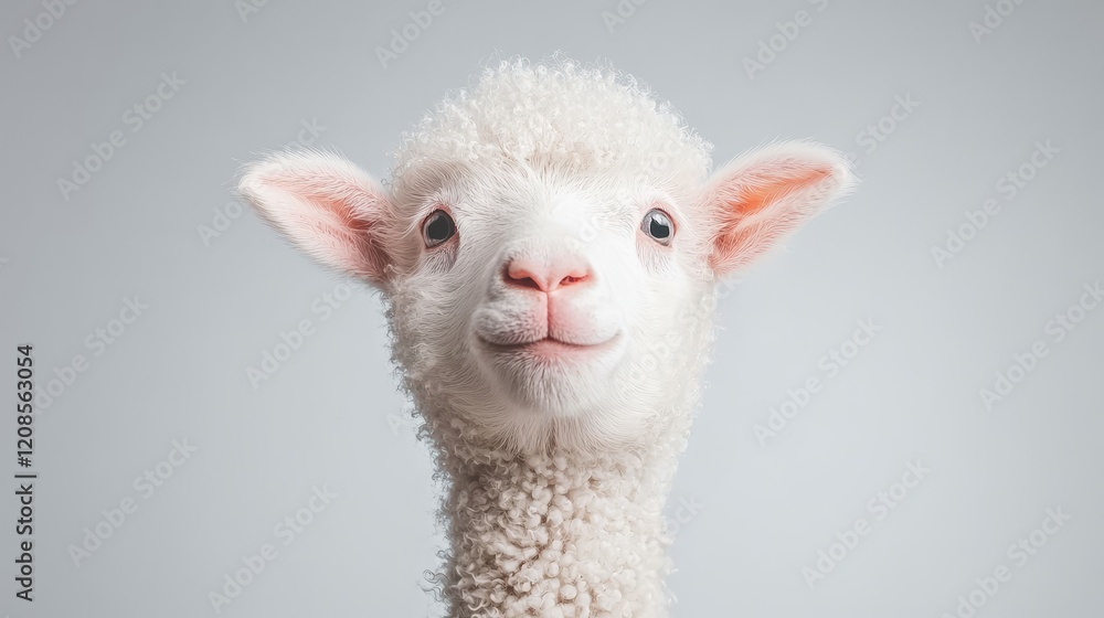 Fototapeta premium Cute white alpaca close-up, studio shot, neutral background, for pet, farm, or textile ads