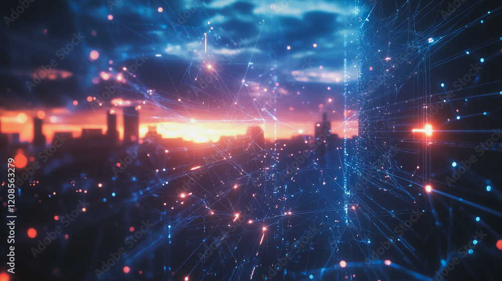 Obraz premium Smart digital Innovation city with connection network reciprocity over the cityscape. of future smart wireless digital city and social media networking systems that connects people with in city
