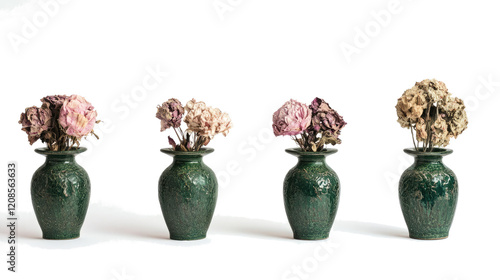 Dried Pink Flowers Arranged in Green Ceramic Vases Generative AI