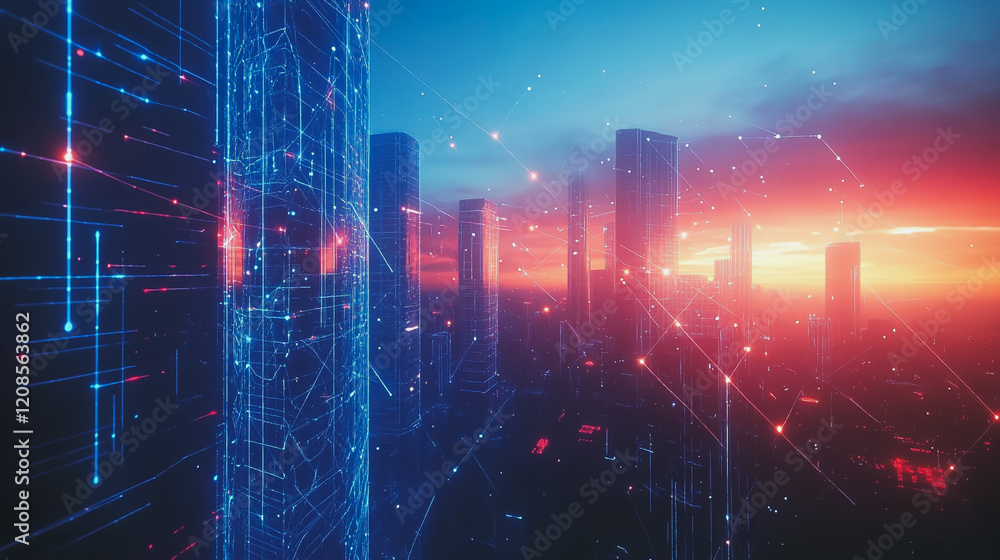 Obraz premium Smart digital Innovation city with connection network reciprocity over the cityscape. of future smart wireless digital city and social media networking systems that connects people with in city