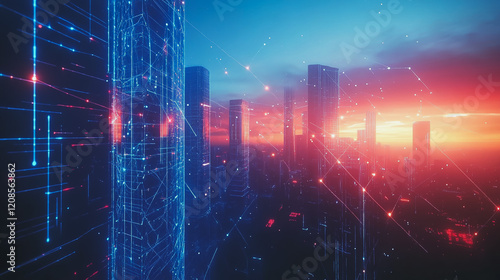 Wallpaper Mural Smart digital Innovation city with connection network reciprocity over the cityscape. of future smart wireless digital city and social media networking systems that connects people with in city Torontodigital.ca