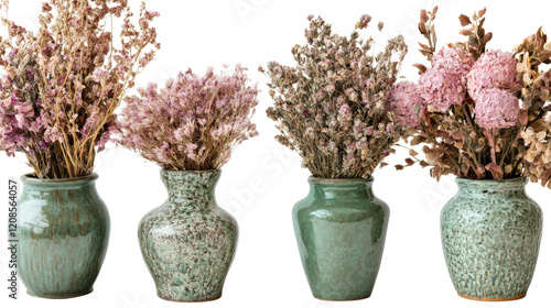Pink Dried Flowers in Green Vases Generative AI