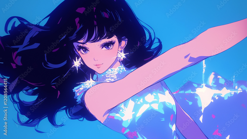 アイドルの女性が踊っているアニメイラスト|被写体が映えるシンプルな背景。80年代、90年代の懐かしい日本のアニメをモチーフにしている。 アイドルの女性が踊っているアニメイラスト|被写体が映えるシンプルな背景。80年代、90年代の懐かしい日本のアニメをモチーフにしている。