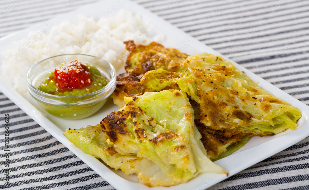 Battered cabbage leaves with rice served with tomato and avocado sauces Battered cabbage leaves with rice served with tomato and avocado sauces