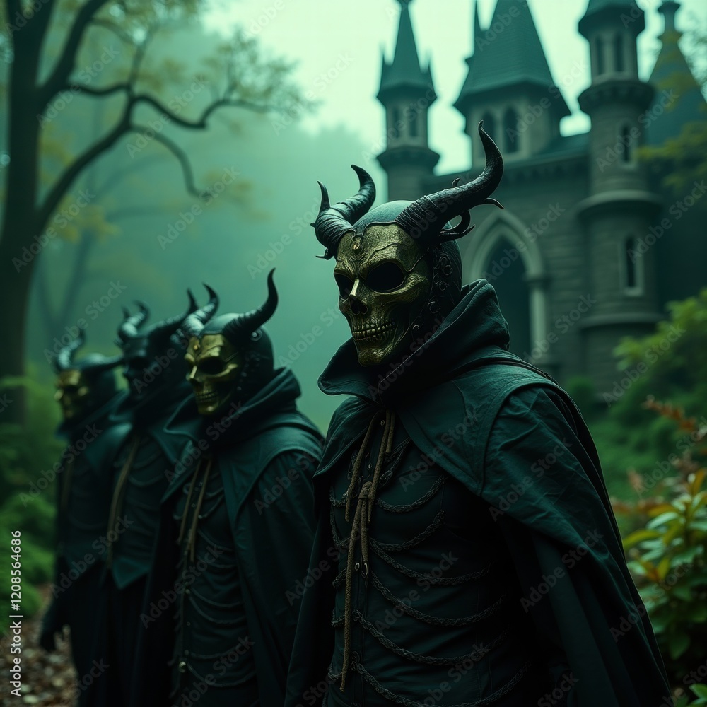 A procession of figures cloaked in dark robes and ornate, horned skull masks advances through a misty forest towards a gothic castle, exuding an aura of mystery, dread, and ancient ritualistic power A procession of figures cloaked in dark robes and ornate, horned skull masks advances through a misty forest towards a gothic castle, exuding an aura of mystery, dread, and ancient ritualistic power