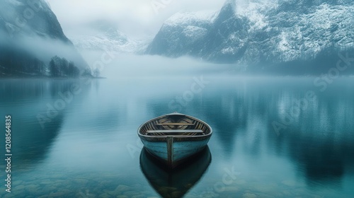 majestic fjord landscape at dawn ethereal mist rolling over emerald waters snowcapped peaks reflecting in the glassy surface as a wooden boat glides silently photo