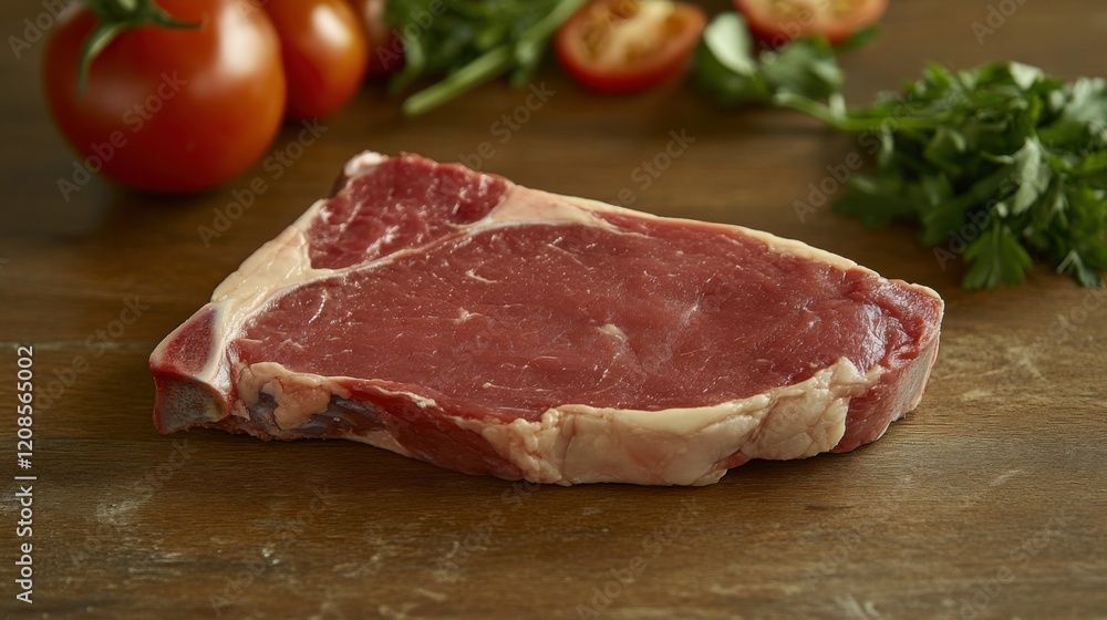 Fresh Raw Beef Steak on Wooden Table Surrounded by Juicy Tomatoes and Fresh Herbs Ready for Cooking, Ideal for Culinary or Food Photography Fresh Raw Beef Steak on Wooden Table Surrounded by Juicy Tomatoes and Fresh Herbs Ready for Cooking, Ideal for Culinary or Food Photography