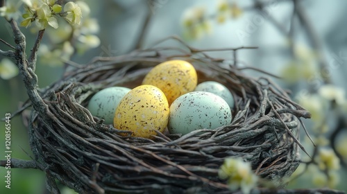 Close up of a nest with speckled yellow and green easter eggs among blooming twigs