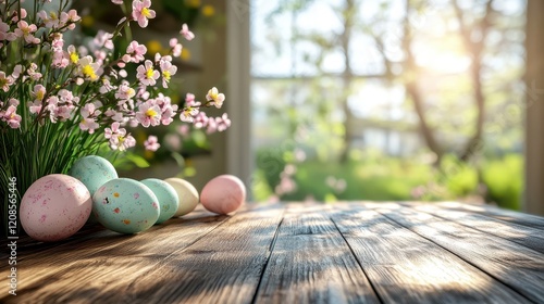 Easter table setting with colorful eggs and spring flowers for festive decor