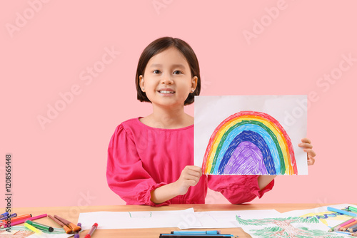 Cute Asian girl with drawn ...