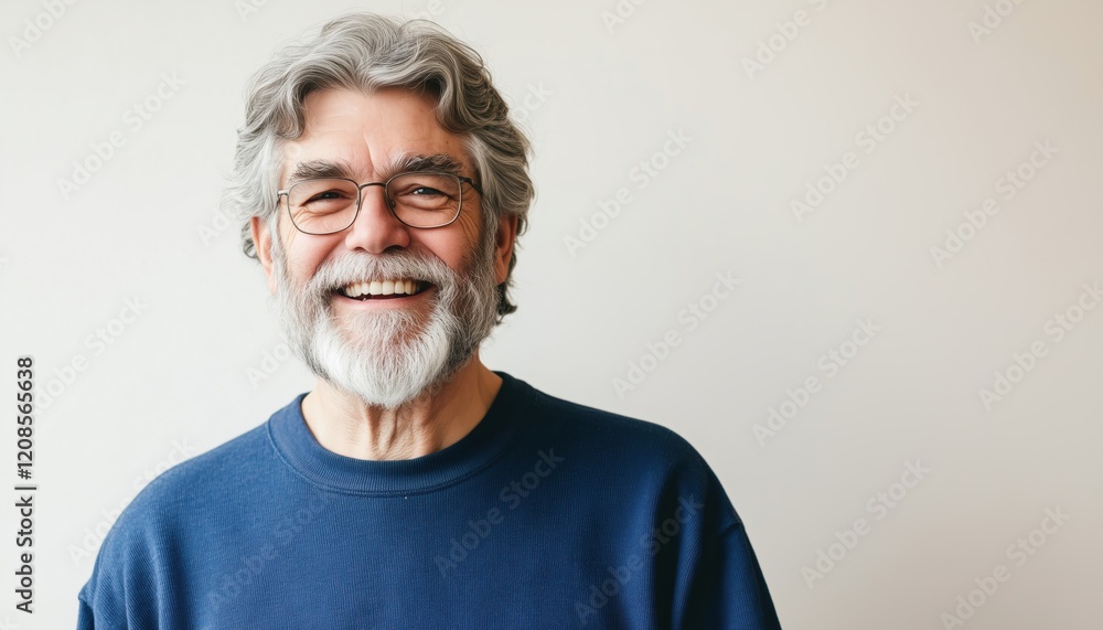 Smiling Senior Hipster With Beard And Gray Hair In Blue Sweatshirt Standing On White Background, Headshot Portrait In Title Case Smiling Senior Hipster With Beard And Gray Hair In Blue Sweatshirt Standing On White Background, Headshot Portrait In Title Case