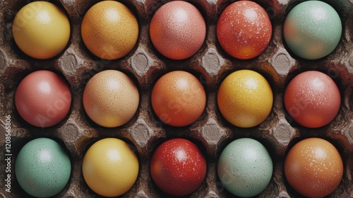 Vibrant dyed easter eggs in carton for spring celebration design photo